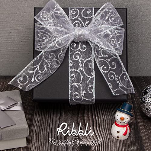 Ribbli Swirl Glitter Wired Ribbon, White Organza Sheer Ribbon With Silver Glitter Swirl Pattern,1-1/2 Inch X 20Yards Christmas Ribbon For Crafts,Wreaths,Gift Wrapping #TOP2