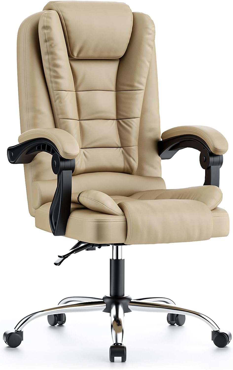 rattantree Bürostuhl Chefsessel Ergonomisch, PU-Leder Bürosessel Khaki | Chefsessel 150kg Hochlehner mit Federkern-Sitz, Höhenverstellbarer Drehstuhl mit Wippfunktion, Gepolsterte Armlehnen