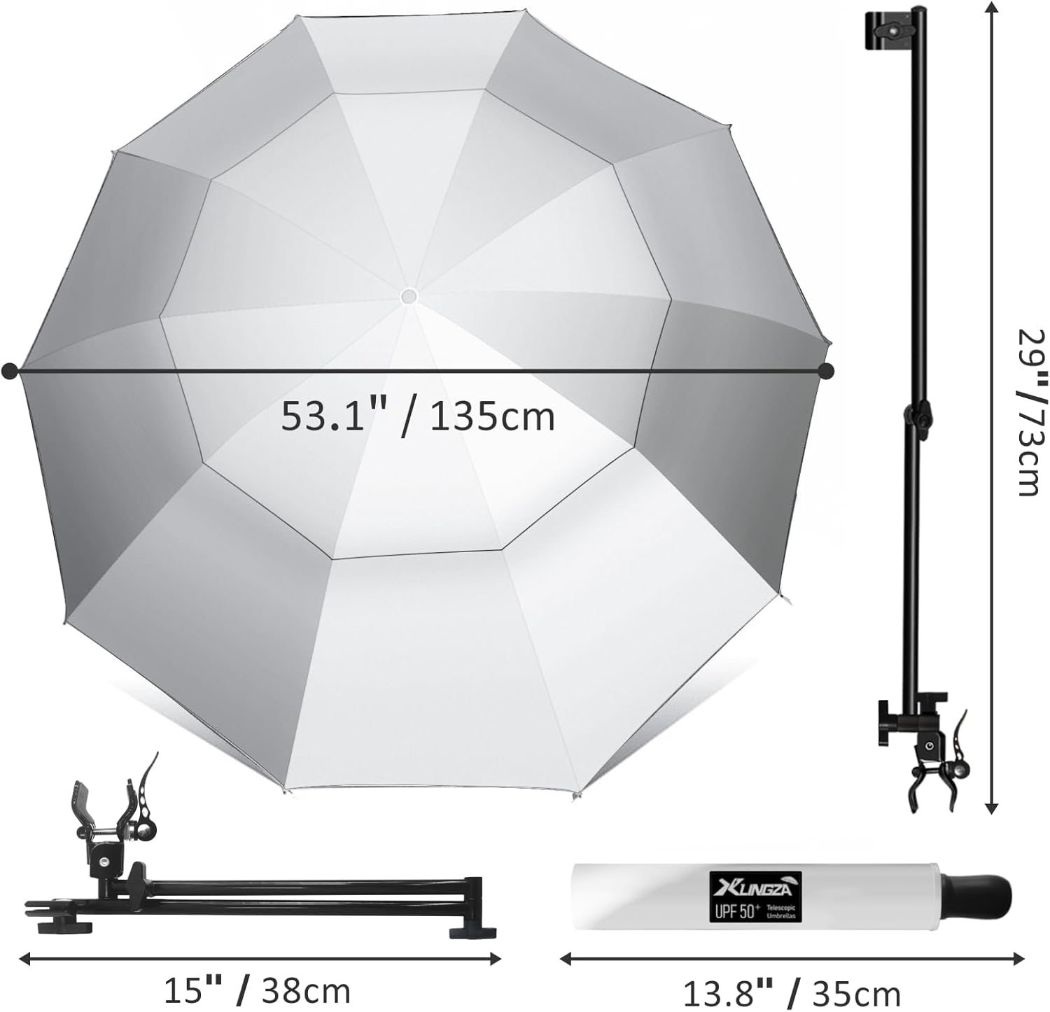 UPF 50+ Beach Umbrella with Adjustable Universal Clamp