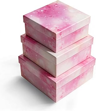 Pink Watercolor Gift Box with Lid for Present, 3 Sizes Decorative Nested Gift Boxes for Presents, Sturdy Cardboard Storage Gift Box Set for Birthdays, Weddings, Anniversaries & Daily Gifting