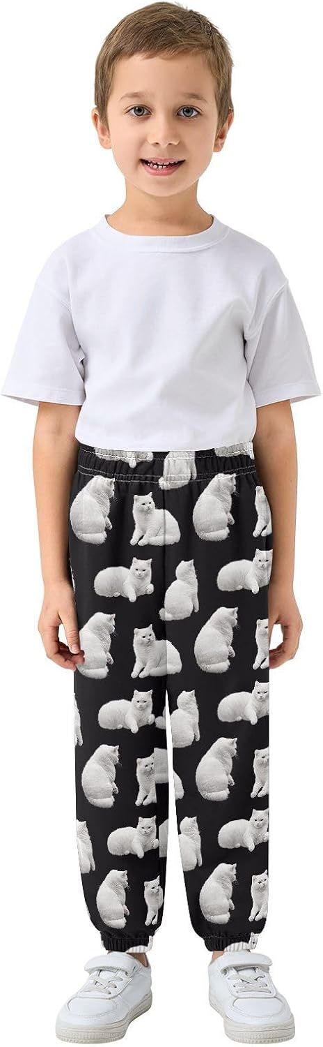 Boy Sweatpants Cat White Animal Joggers Casual Athletic Pants Kids Elastic Waist Cuffed with Pockets