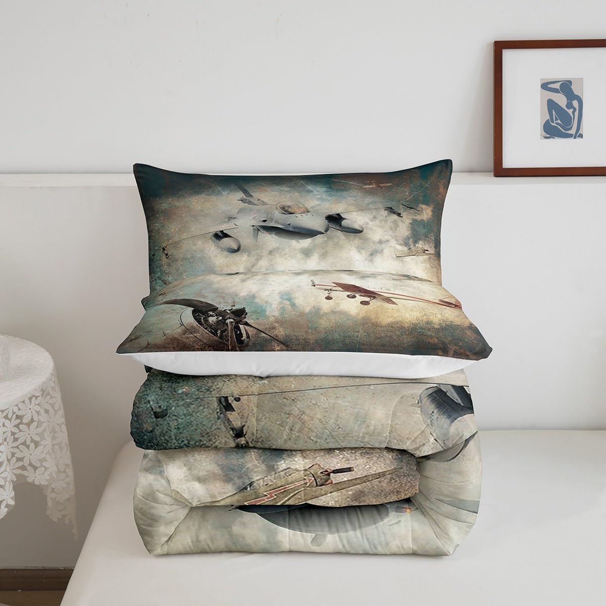 Airplane Bedding Comforter Sets Vintage World War Military Aircraft Comforter Set for Boys Teenagers Young Man Youth, Fighter Plane Bomber Jets Bedding Soldier Air force Theme Duvet Set Queen