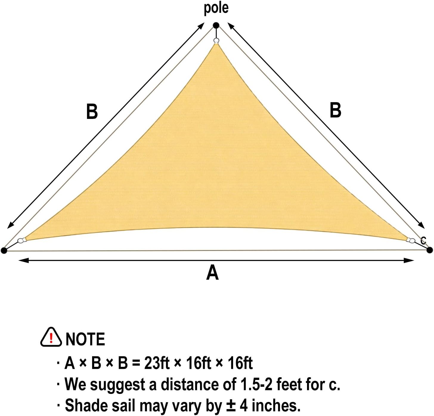 Vensovo Sun Shade Sail Triangle 16' x16' x23' Permeable Canopy - UV Block Sunshade for Patio, Garden, Backyard, Deck (Yellow)