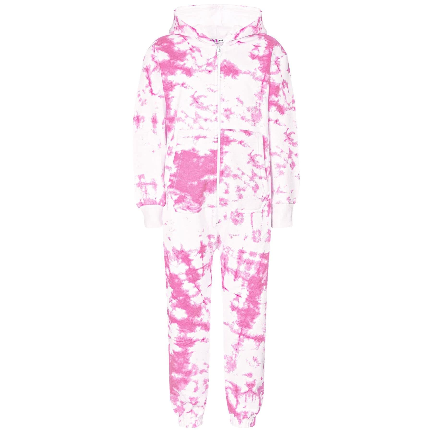 A2z 4 Kids Tie Dye Pink Children Plain Camouflage Jumpsuit Super Soft - Fleece Onesie 250 Pink._7-8