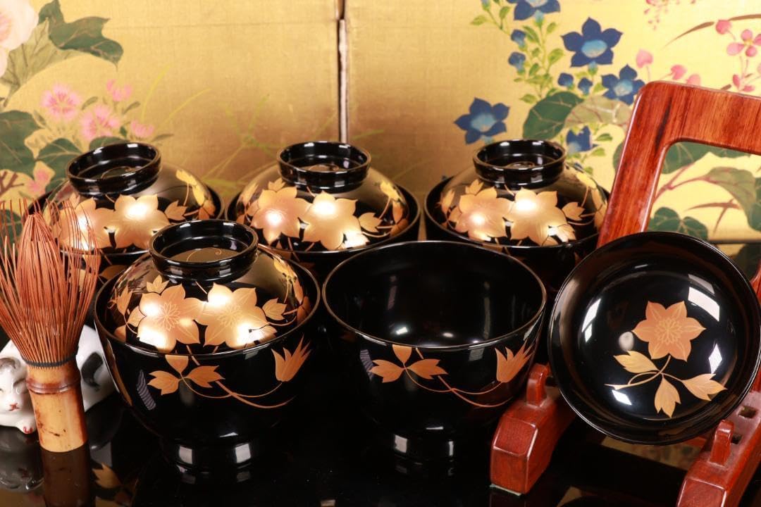 輪島塗 蓋付 椀 吸飲椀 波 鳥 金彩 蒔絵 松 黒 漆塗り 木箱付 輪島塗