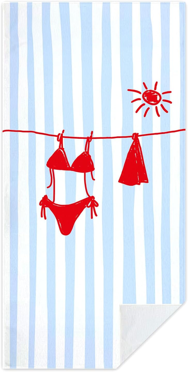Preppy Coastal Bikini Beach Towel 30x60 Inch | Large Sand Free Towel, Summer Preppy Blue Striped Coastal Ocean Quick Dry Towel for Beach Camping Swim Pool Gym Sports Yoga