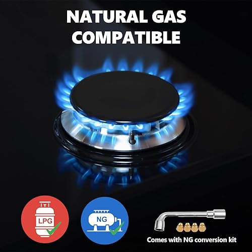Miniatura 4 de Estufa de Cocina de Gas de 4 Quemadores 24 Pulgadas, Placa de Vidrio Integrada con Quemadores de Gas, Compatible con NG/LPG o Uso con Propano o Gas
