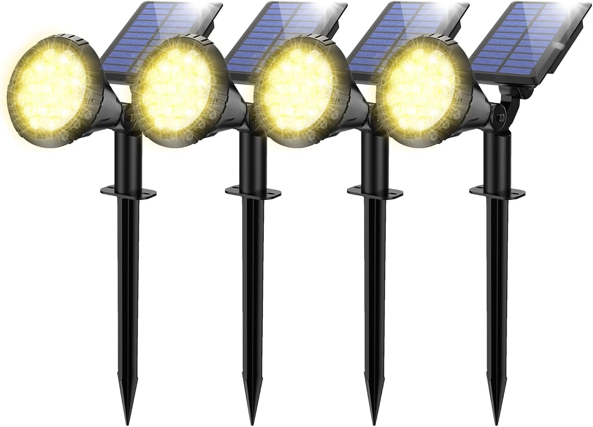 NBKLS Focos solares para exterior, 21 luces solares LED para exteriores para patio, paquete de 4 focos solares impermeables de encendido/apagado automático para paisaje, pared, jardín, piscina, árbol, camino y entrada (blanco cálido)