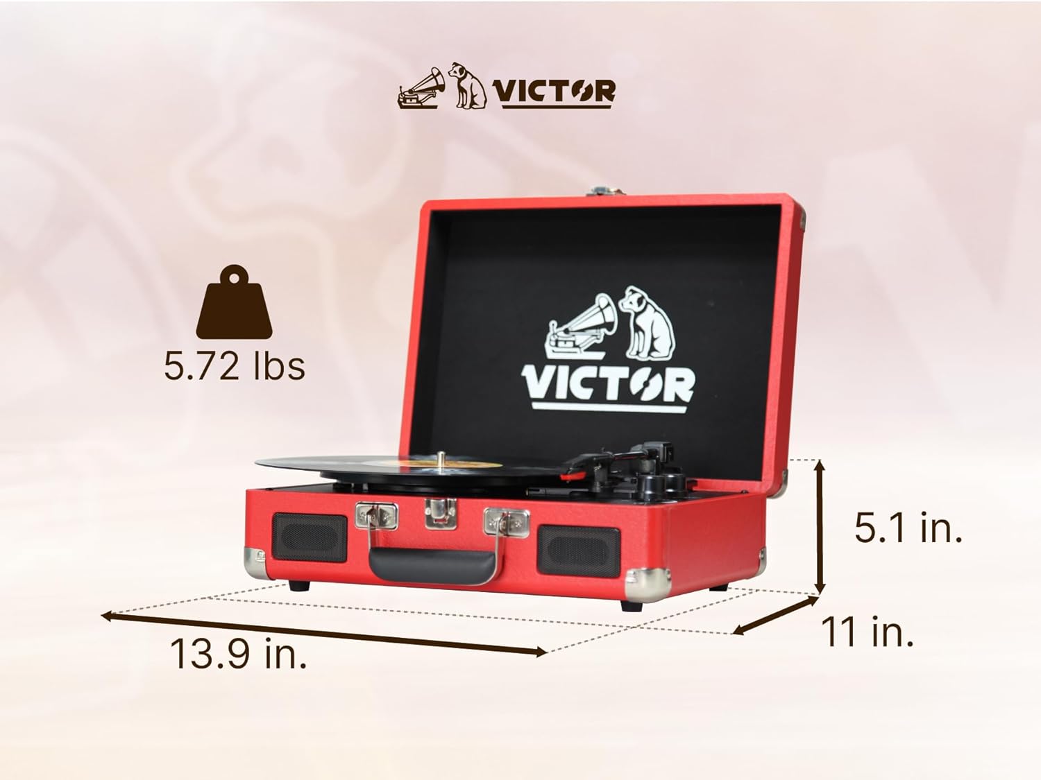 VICTOR Metro 3-Speed Portable Suitcase Turntable Record Player with Dual Bluetooth in & Out and Built-in Stereo Speakers, Red (VSRP-800-RD)