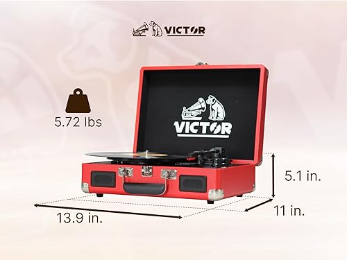Miniatura 5 de VICTOR Metro - Tocadiscos portátil de maleta de 3 velocidades con doble entrada y salida Bluetooth y altavoces estéreo integrados, rojo (VSRP-800-RD)