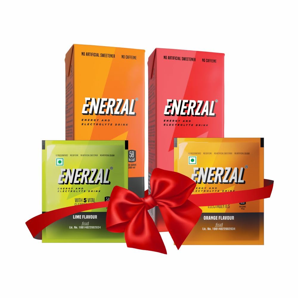 Enerzal Energy Drink Combo of Apple & Orange 200ml Tetra Pack with Lime & Orange Flavour 50gm Sachets (Pack of 20)