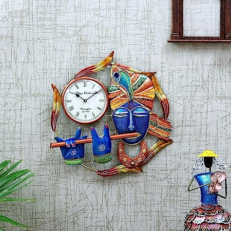 CRAFT TREE-Iron Decorative Krishna Figure with Wall Clock for Living