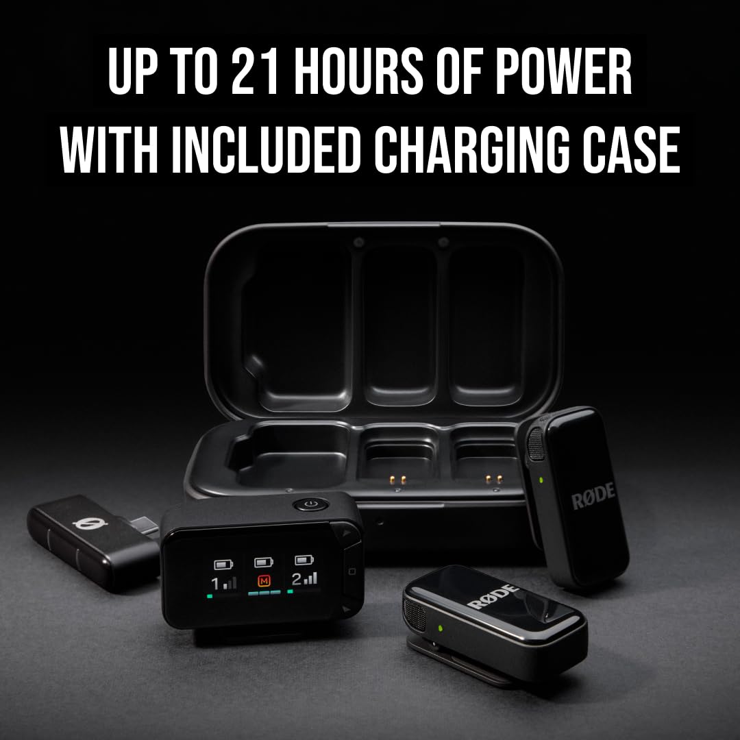 RØDE Wireless Micro - Kompaktowy bezprzewodowy mikrofon do kamery, dwa mikrofony z odbiornikiem do kamery, odbiornikiem do smartfona i etui ładującym do tworzenia treści - USB-C, czarny