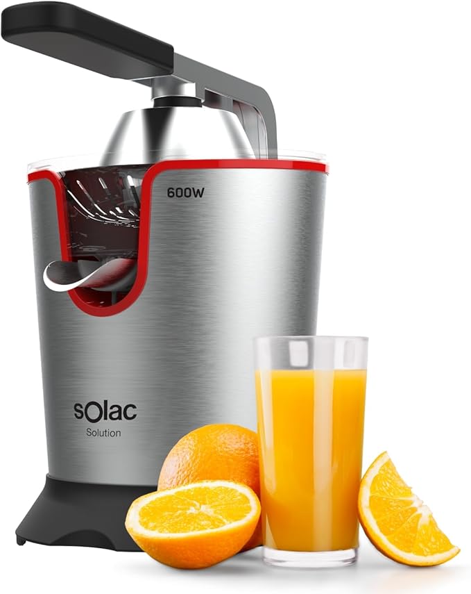 Solac Solution EX6190 - Exprimidor de palanca 600W, motor AC, 2 conos para todos los cítricos, cuerpo y filtro de acero inoxidable, depósito de 0,65L, desmontable, componentes aptos lavavajillas