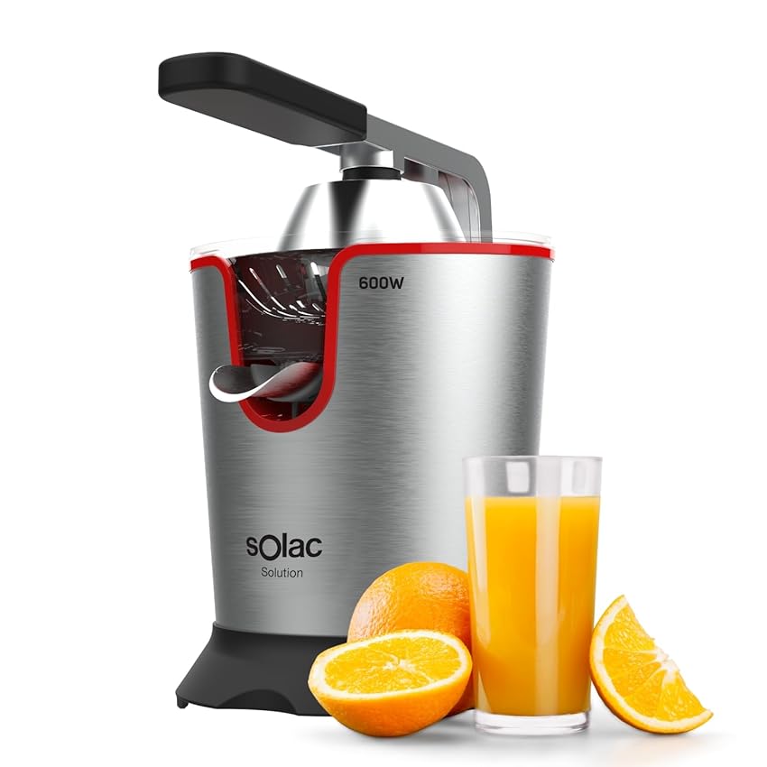 Solac - Spremiagrumi elettrico Solution 600W, In acciaio inox, Professionale, 2 Coni per spremere arance e limoni, Versamento continuo, Motore AC, Sistema antigoccia, Lavabile in lavastoviglie