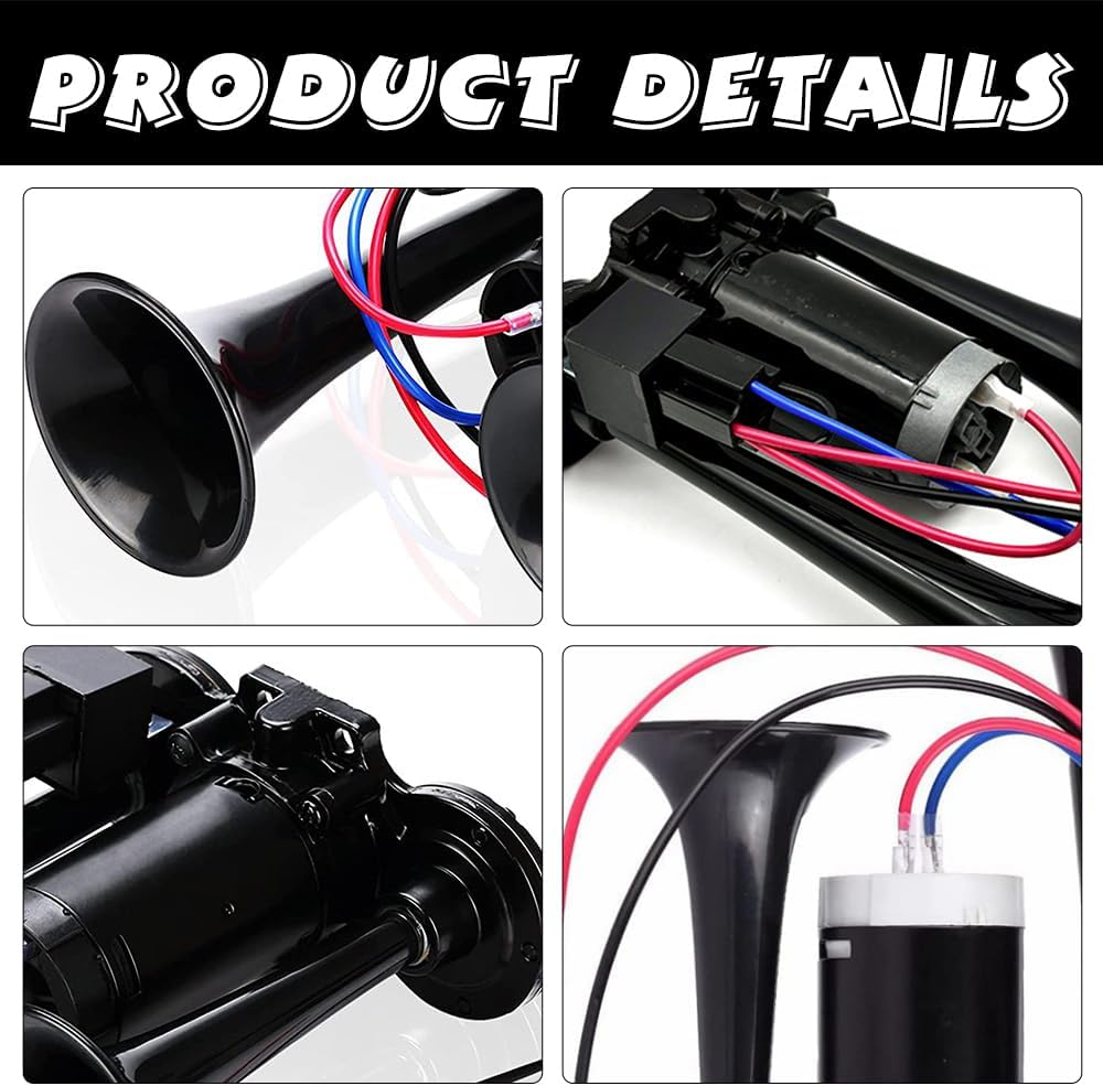 Air Horn 12v 600 DB, 12v Air Horn with Compressor, Double Tube Train Horn, Dual Trumpets, Super Loud Car Horn for Truck, Train, Car, Van, Black
