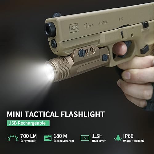 Miniatura 2 de 700 lúmenes recargable pistola luz FDE montaje en riel linterna táctica para Glock Compact LED pistola luz para Picatinny MIL-STD-1913