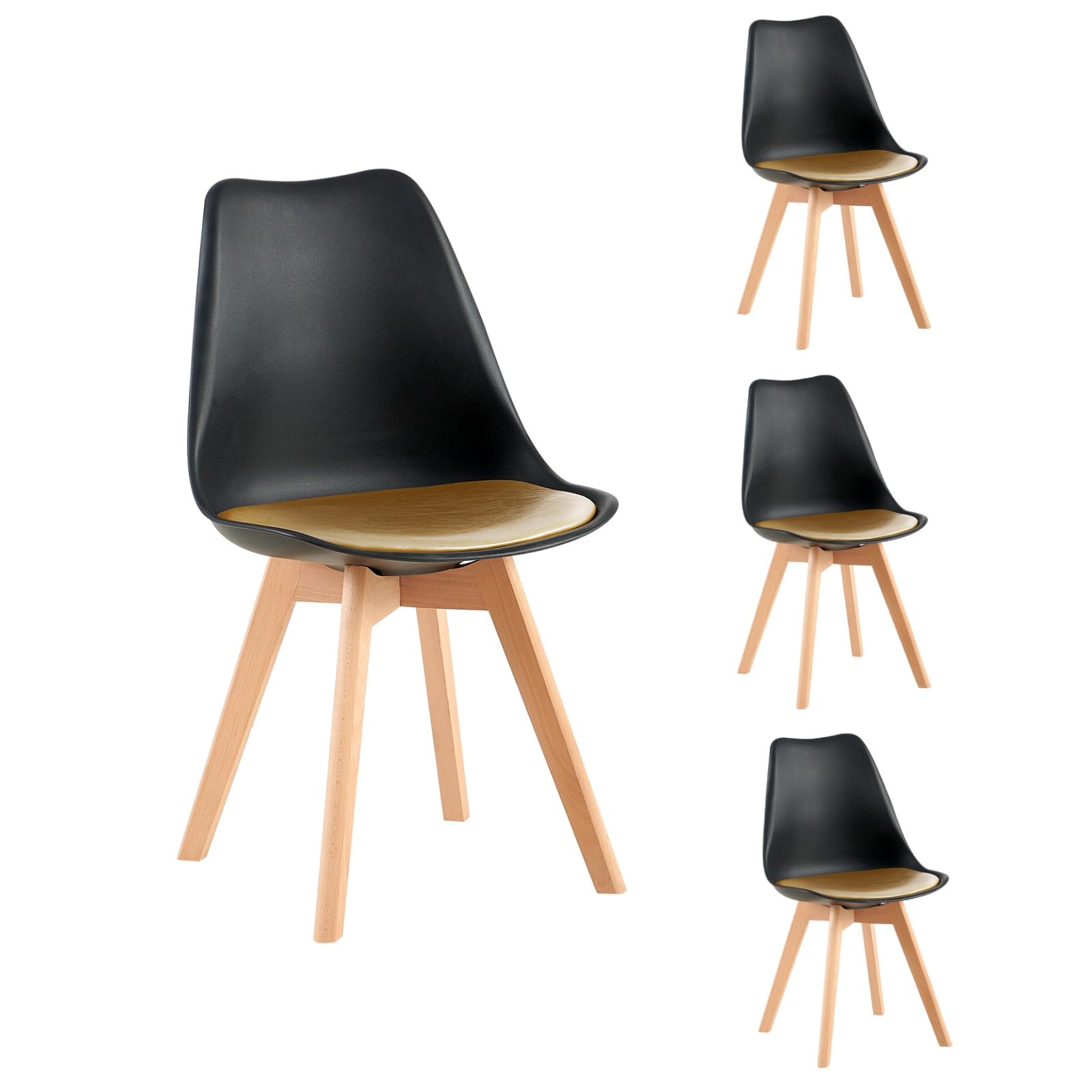 EGGREE Pack 4 Sillas de Comedor Nórdicas 4 Sillas de Cocina Equipadas con Respaldo Ergonómico y Patas de Haya, Negro & Cojín de Cuero Dorado