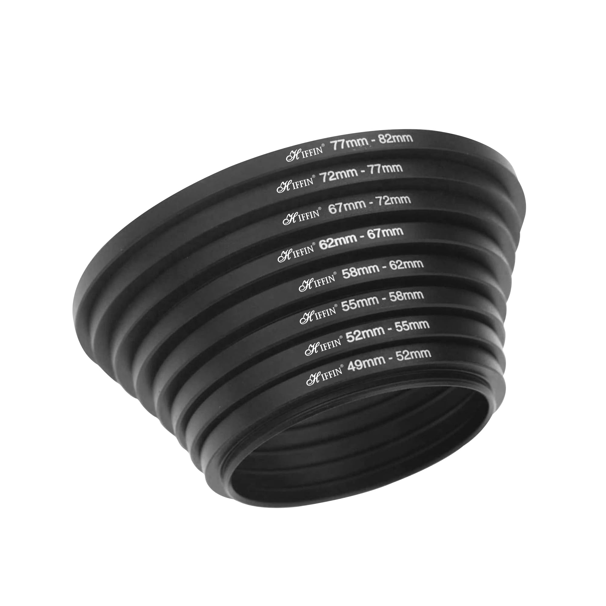 HIFFIN PRO Camera Lens Step Up Filter Adapter Rings, 49-52, 52-55, 55-58, 58-62, 62-67, 67-72, 72-77, 77-82mm Metal Step Up Rings Kit with Anodized Aluminum Threaded Black Frame