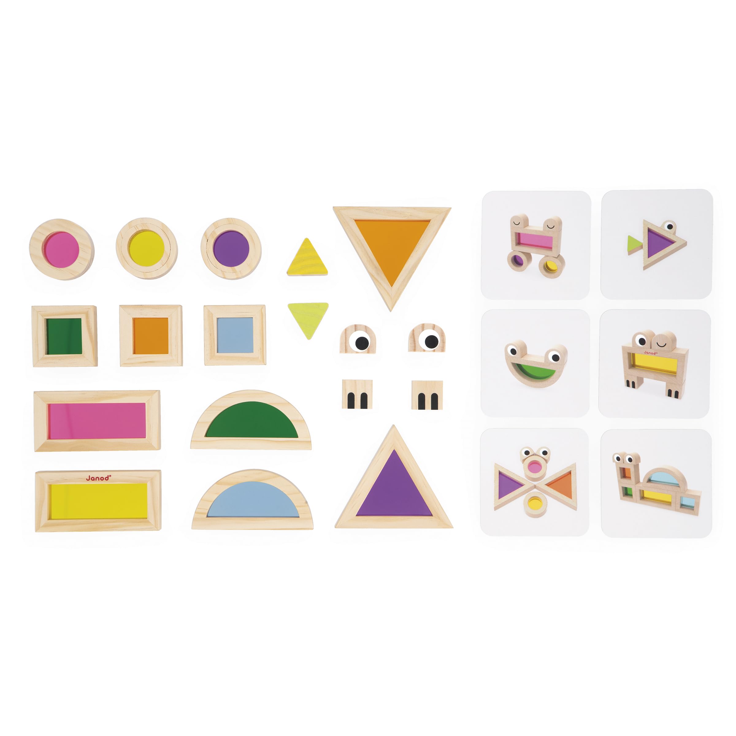 Janod, Wooden Building Blocks, Sensory Awakening Game, 18 Blocks and 6 Model Cards, Learning Shapes and Colours - Image 4