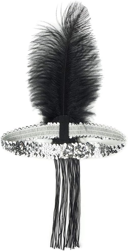 ZUCKER Flapper Headband w/Ostrich Feather and Tassel - 1920's Style Gatsby Headpiece Costume Hair Accessories