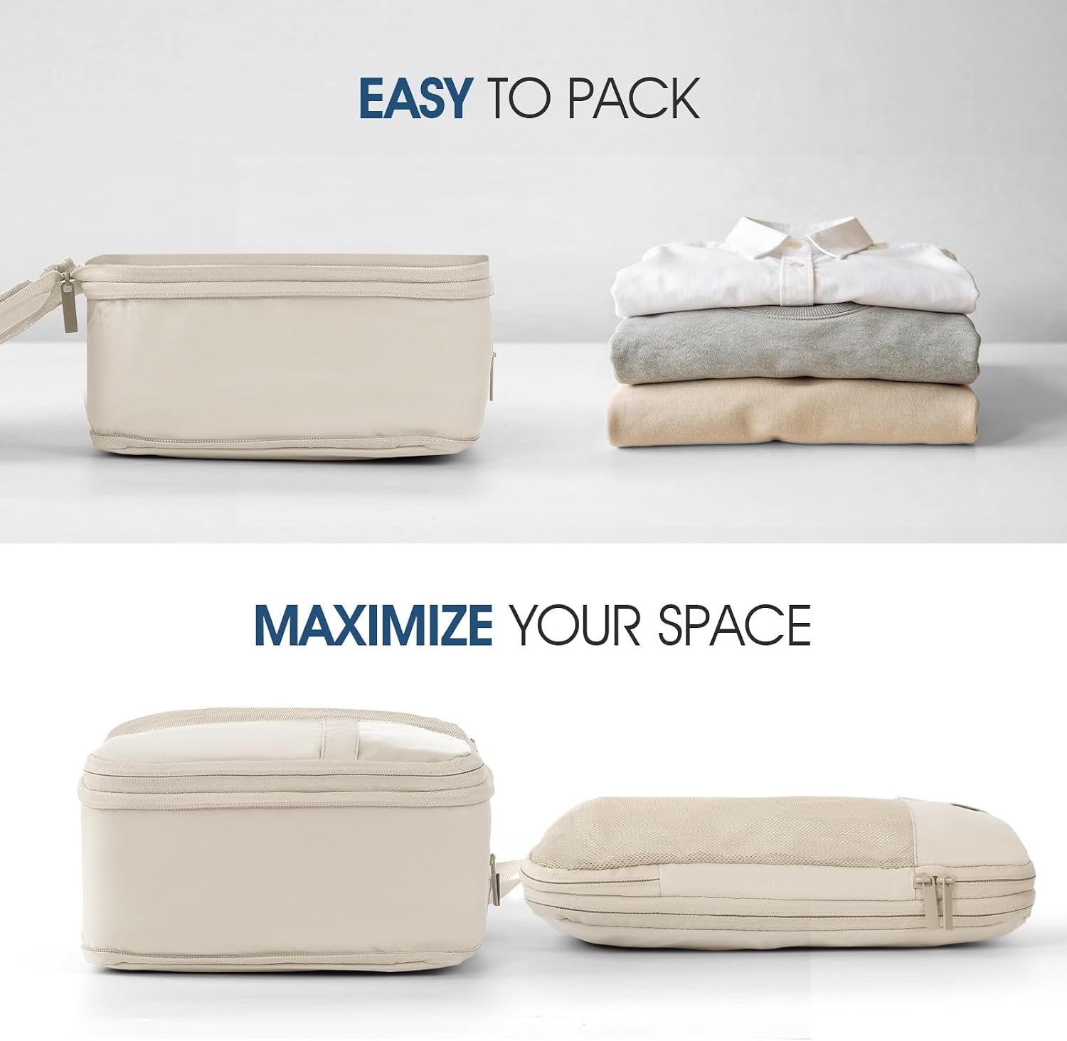 Compression Packing Cubes for Travel - Double Zipper Luggage Organizer Bags for Suitcases (6-Pack, Beige)