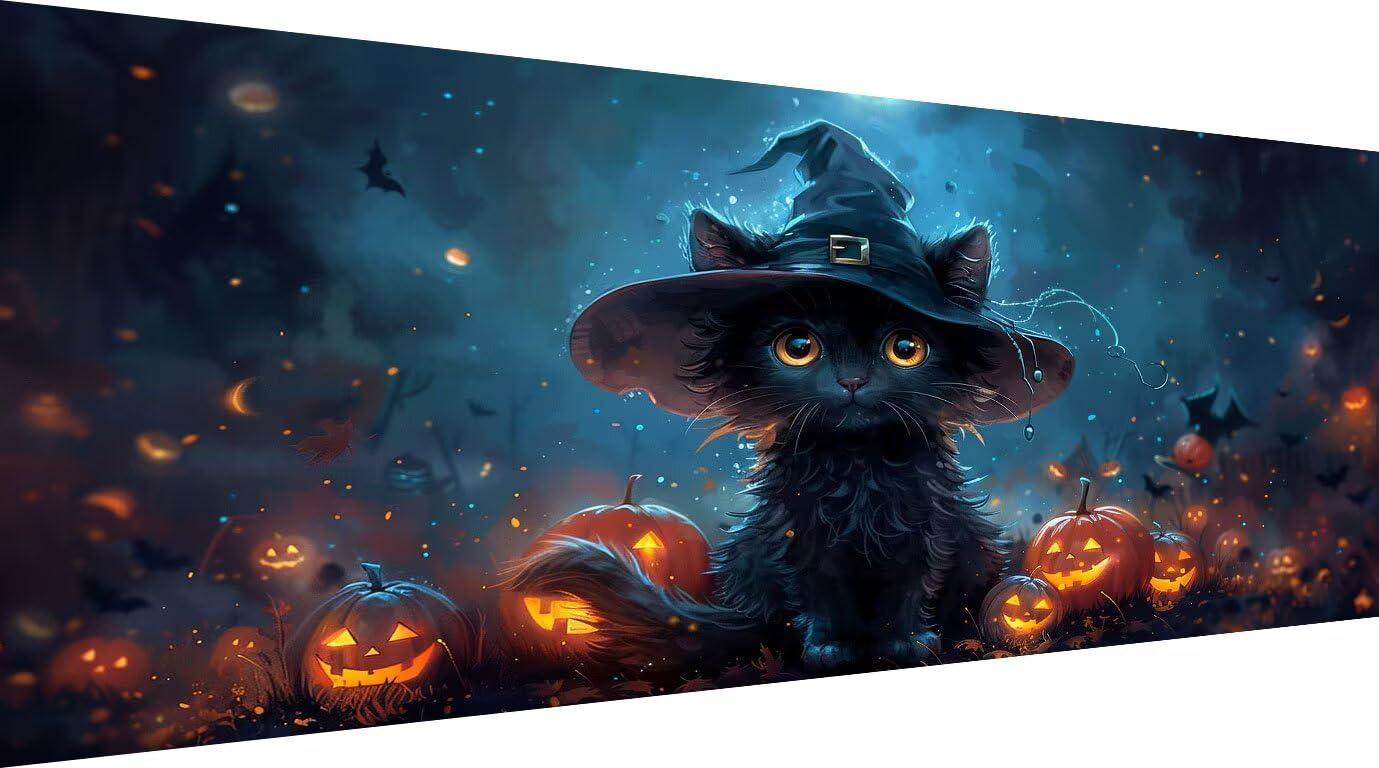 Malarstwo diamentowe dla dorosłych, pełne wiertło, kot, "zrób to sam", obraz diamentowy na Halloween (2), duży, 70 x 140 cm, zestaw do haftowania, haft krzyżykowy, mozaika, zestaw do majsterkowania