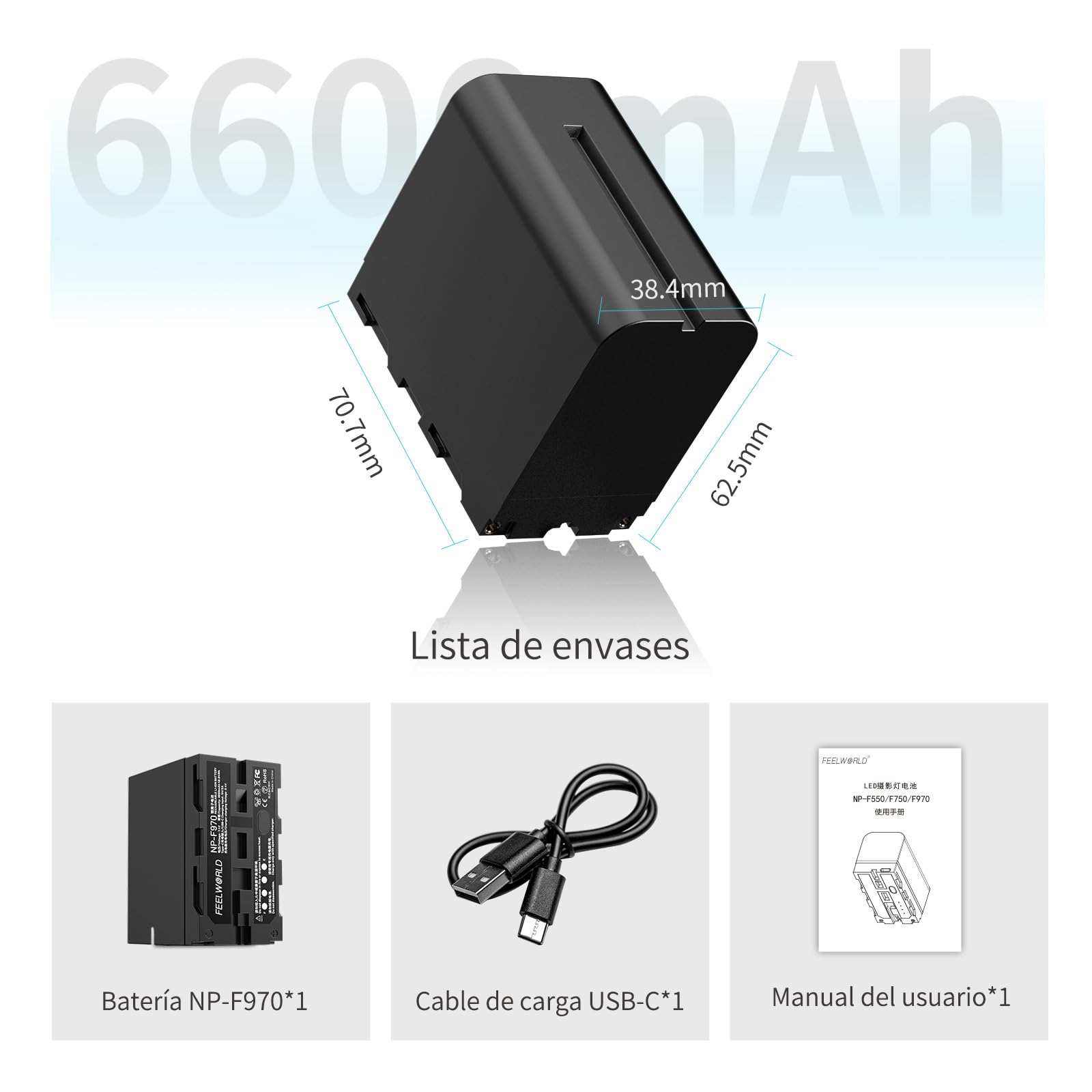 FEELWORLD 1 Pack Batería de Repuesto NP-F970 6600mAh para NP-F970 F960 F950 F770 F570 F550, USB-C Recargable rápido para luz LED, Monitor de cámara, transmisión inalámbrica