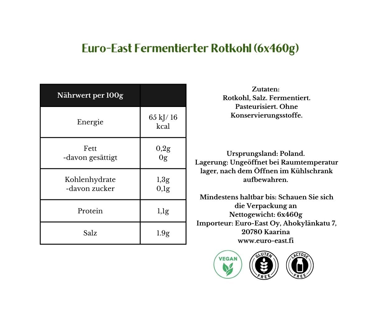 Euro-East Fermentierter Rotkohl 6er Pack im Glas | Hervorragende Ergänzung zu einer Vielzahl von Gerichten | Reich an Antioxidantien, Vitamin C und E | 6 x 460 g