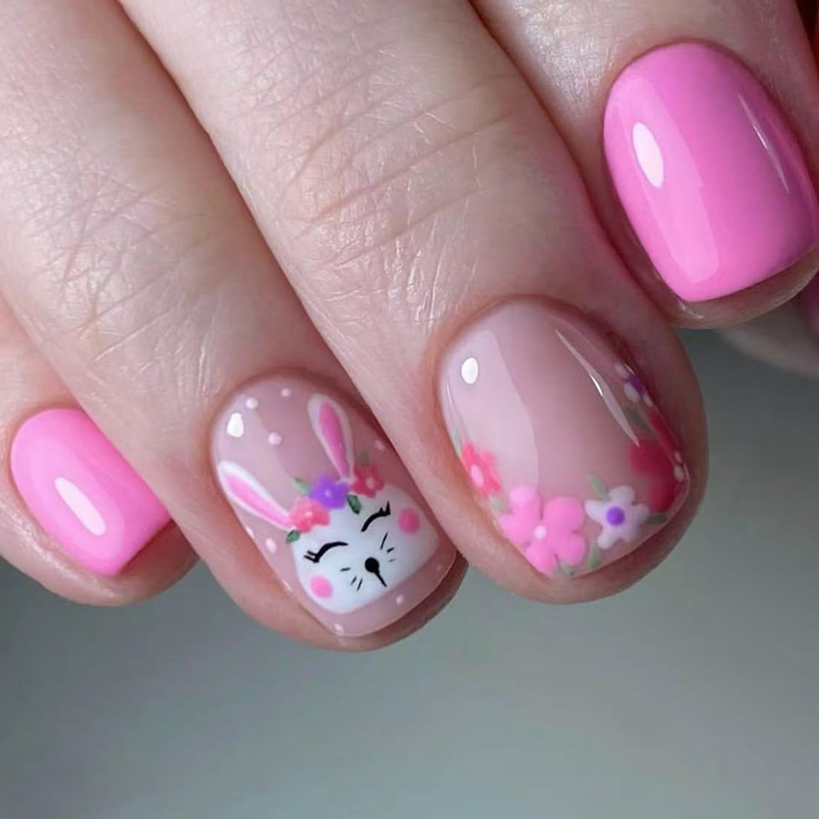 24 Pcs Easter Nails Art Manicure Short Square False With Rabbits And Colorful Floral Designs Accesories Holiday Party Nail Accessories