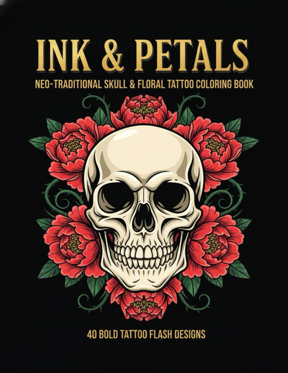 Ink & Petals: Neo-Traditional Skull & Floral Tattoo Coloring Book: 40 Bold Tattoo Flash Designs for Adults featuring Gothic Skulls, Botanical Illustrations, and Intricate Line Art for Stress Relief