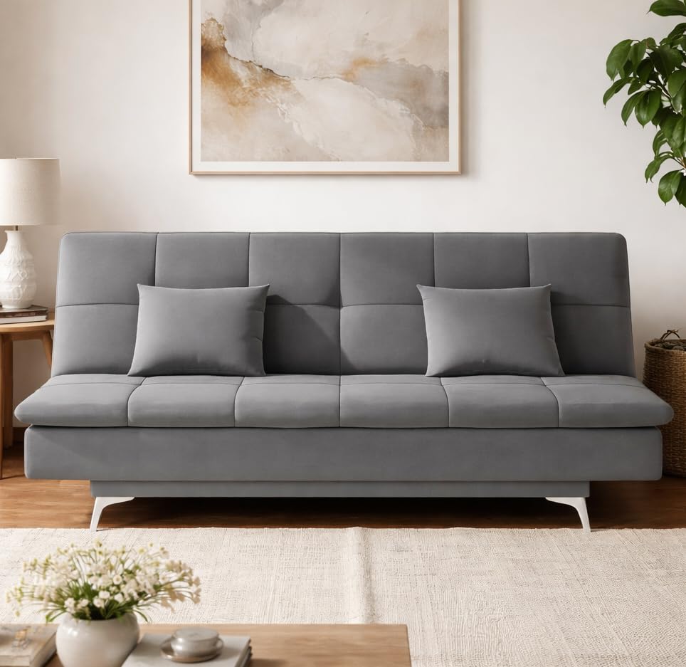 Adorn India Premium New Aspen 3 Seater Sofa Cum Bed 4X6 Velvet Suede with 2 Cushions (Color Grey) and Suitable for All Indoor, with 3 Years Warranty