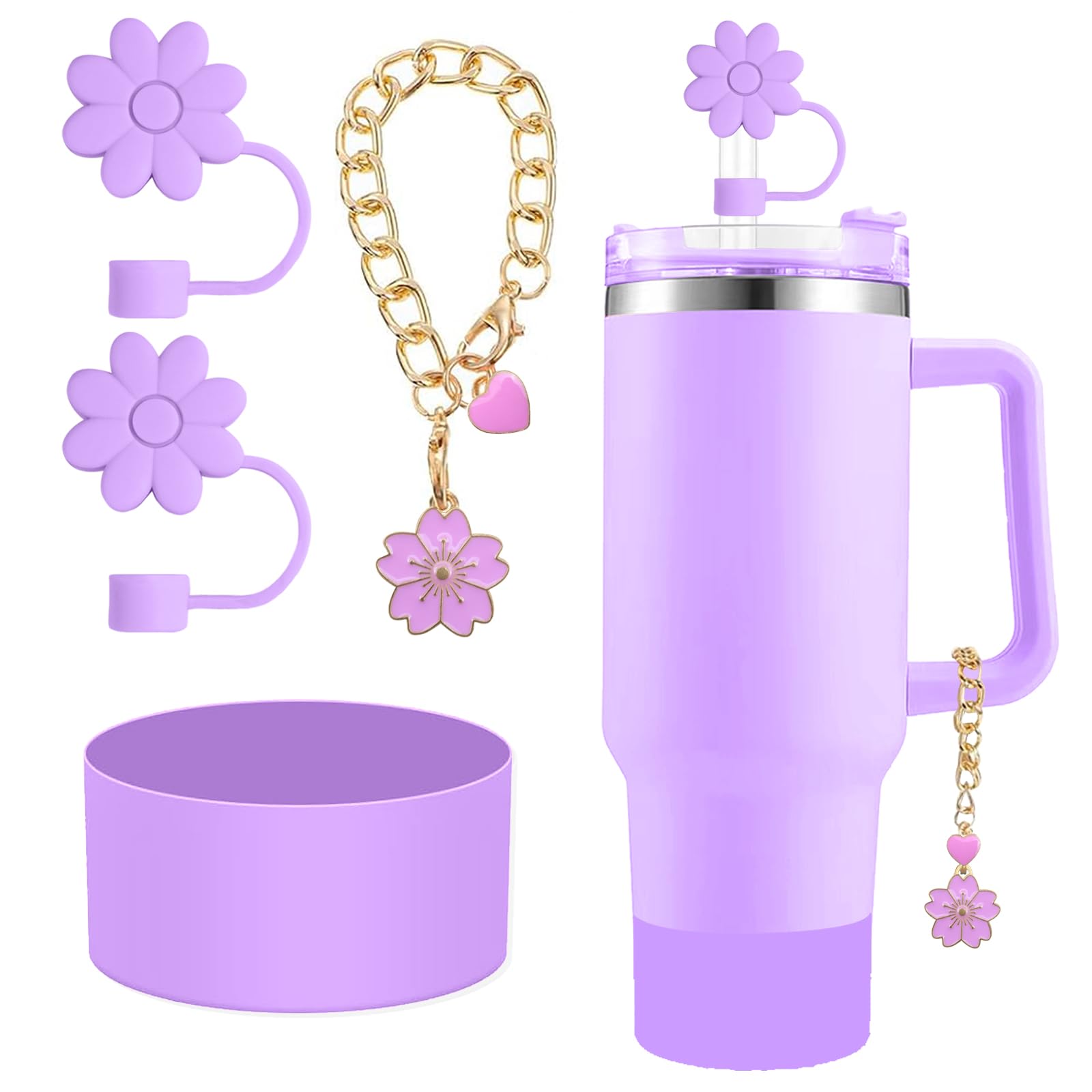 SEMATA Accessories for Stanley Cup Set,2Pcs Flower Straw Cover Caps 10mm Reusable Purple Straw Toppers,1Pcs Cute Handle Charm and 1Pcs Silicone Boot