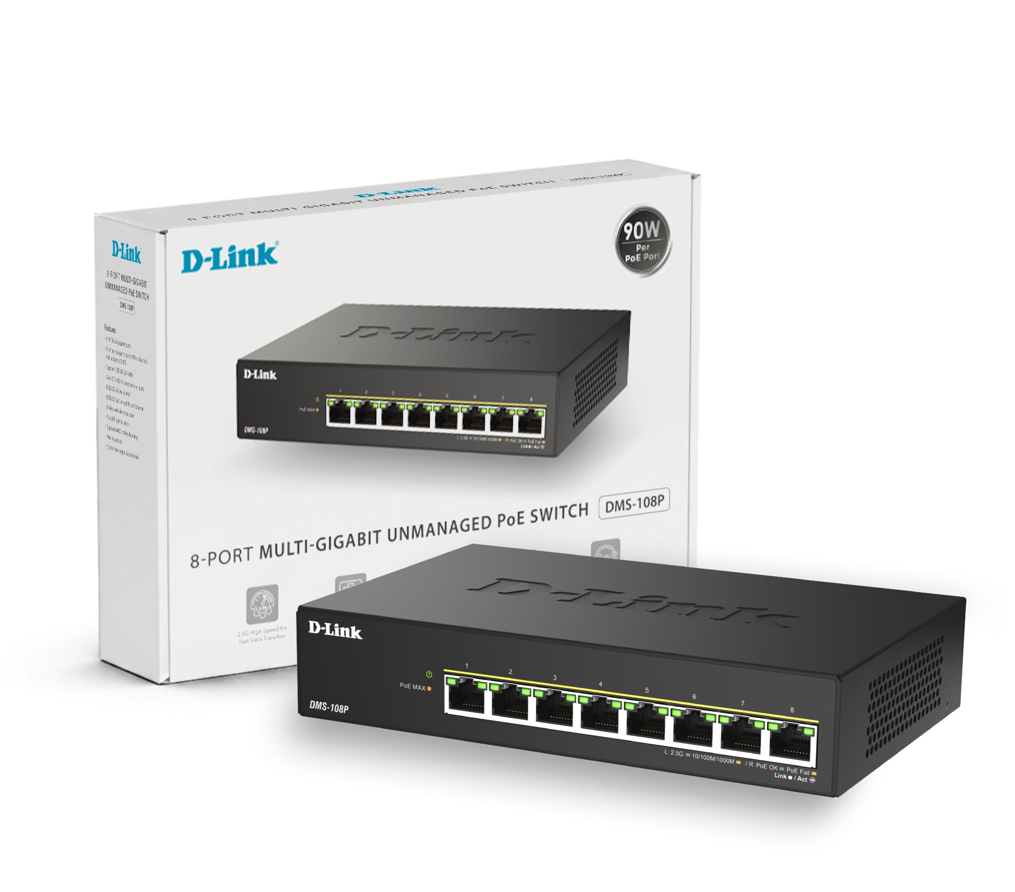 D-Link DMS-108P 8-Port Multi-Gigabit Unmanaged PoE Switch – 2,5GbE, 230W PoE-Budget, 802.3af/at/bt, Lüfterlos, Plug & Play, Metallgehäuse, IGMP Snooping, QoS, Green Ethernet