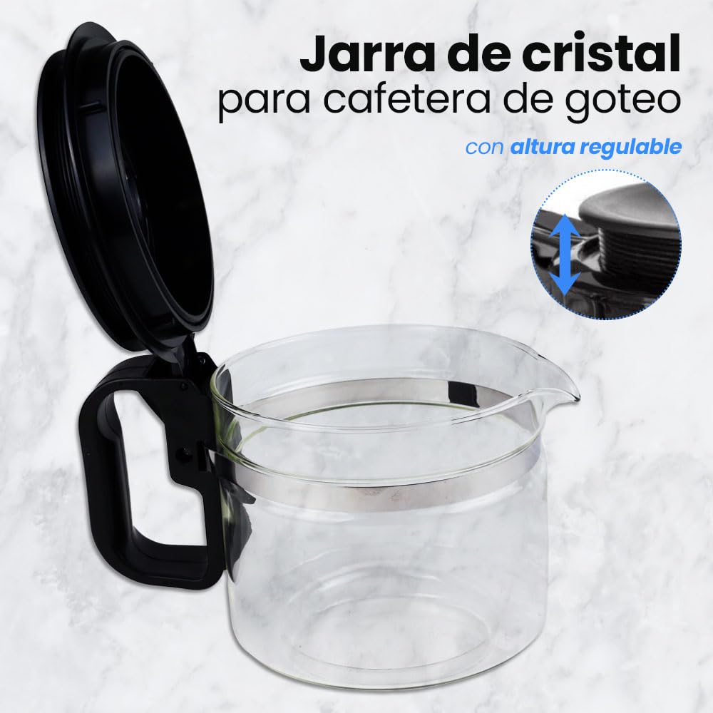 Anakel Home Jarra Cafetera Universal Grande Compatible con Cafetera Americana o de Goteo Eléctrica | Vidrio, Tapa Antigoteo, Altura Regulable 12,5-15 cm, 900ml | REVISAR MEDIDAS