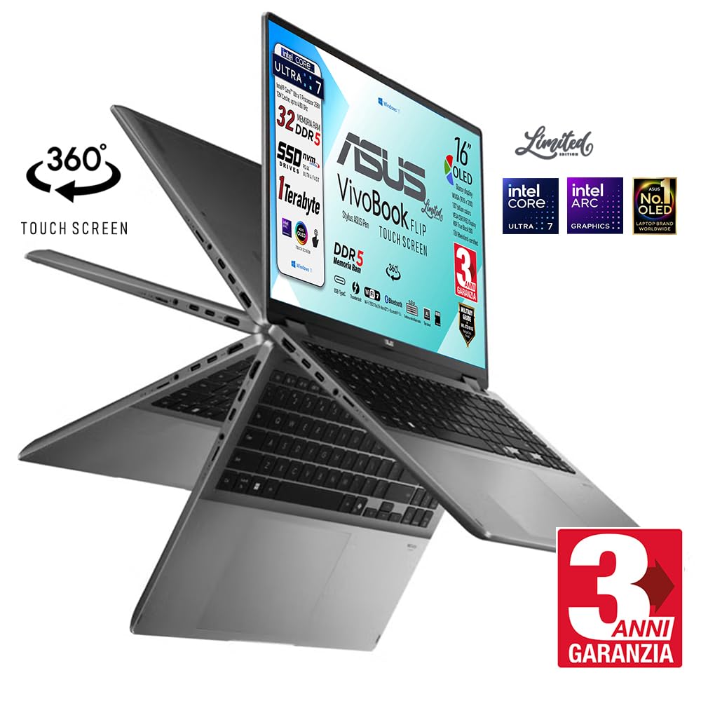 ASUS Vivobook 16 FLIP, Intel® Core™ Ultra 7 258V, Intel Arc Pro, Display OLED Touchscreen 16" WUXGA FHD+, DDR5 32Gb, SSD 1Tb, Win 11, Wi-Fi 7, bt 5.4, tastiera retroilluminata, Pen, Gar 3 Anni - 2