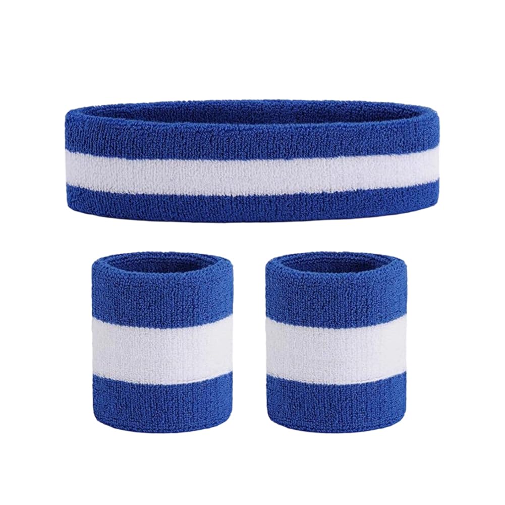 BEAMARKER Striped Sweatbands Set 1 Headband and 2 Wristbands Wicking Sweat Absorbing Elastic Cotton for Sports Basketball Tennis Yoga Gym Breathable Athletic Gear for Men Women Blue White