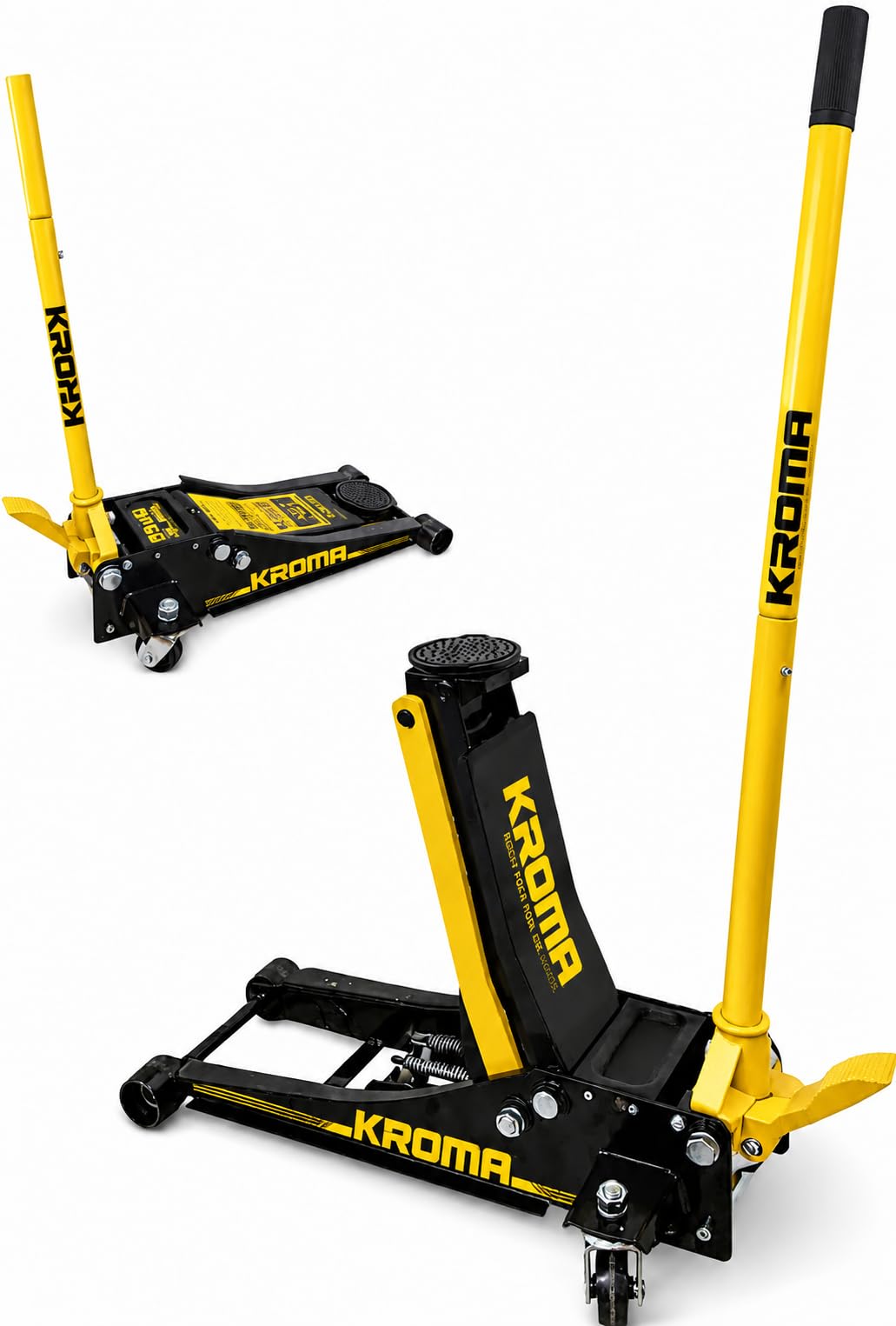Kroma - Gato hidráulico profesional de 5 toneladas para coche de perfil bajo 75 – 505 mm, doble pistón hidráulico, elevación rápida a pedal, ruedas de metal giratorias