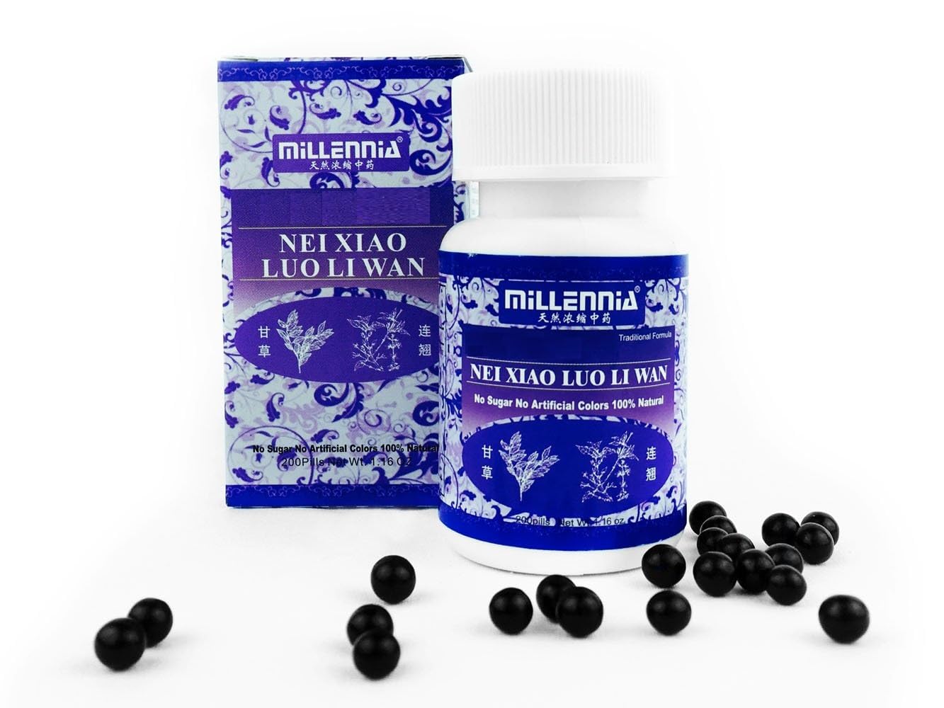 MILLENNIA Herbal Supplement Pills- Nei Xiao Luo Li Wan - 12 Bottle Pack (200 Pills/Bottle)