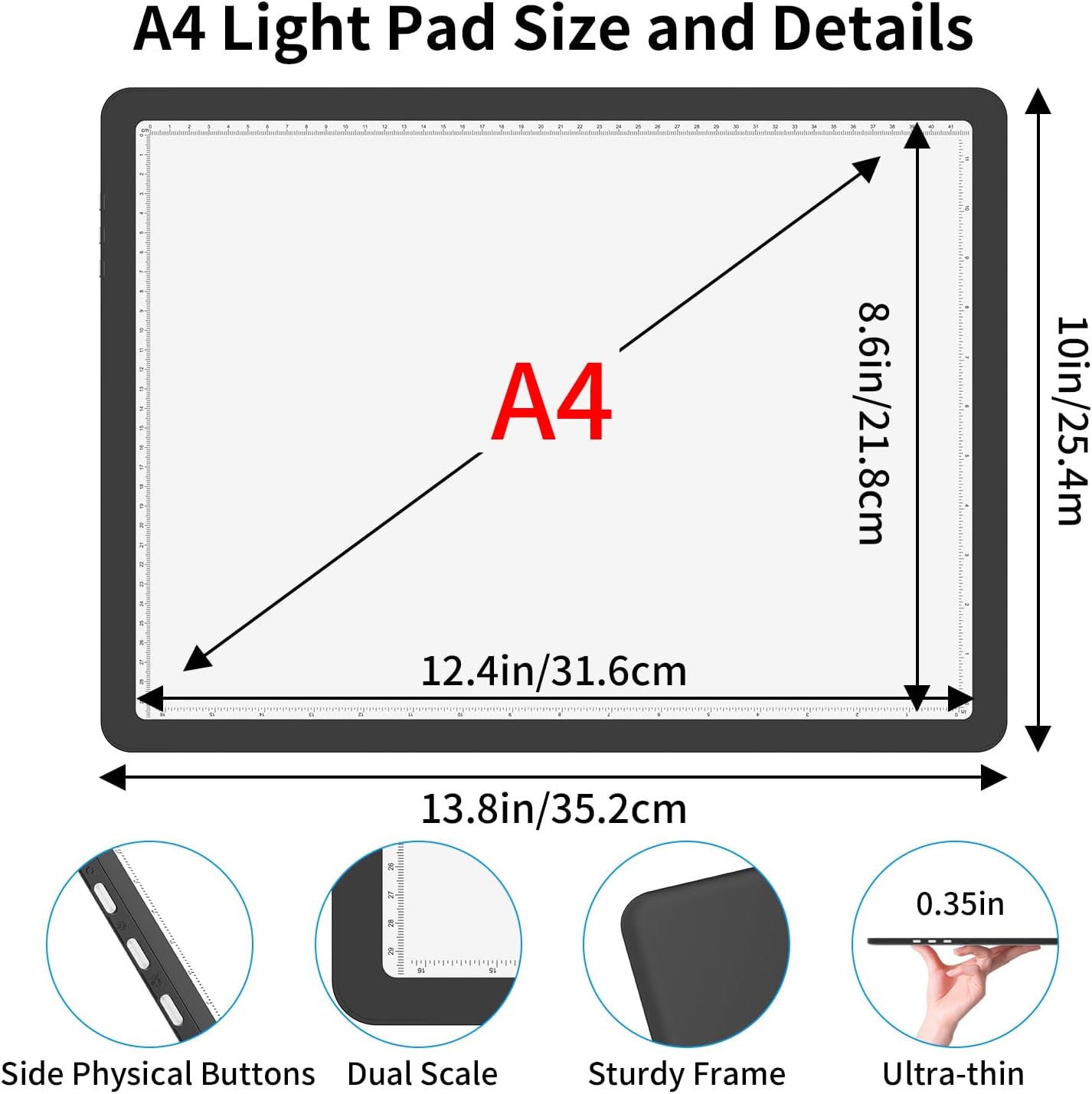 Rechargeable A4 Light Board for Diamond Painting, 9000 Lux Tracing Light Box with Side Physical Buttons, 3 Colors and 6 Levels of Brightness, LED Light Pad for Diamond Art, Drawing, Weeding Vinyl
