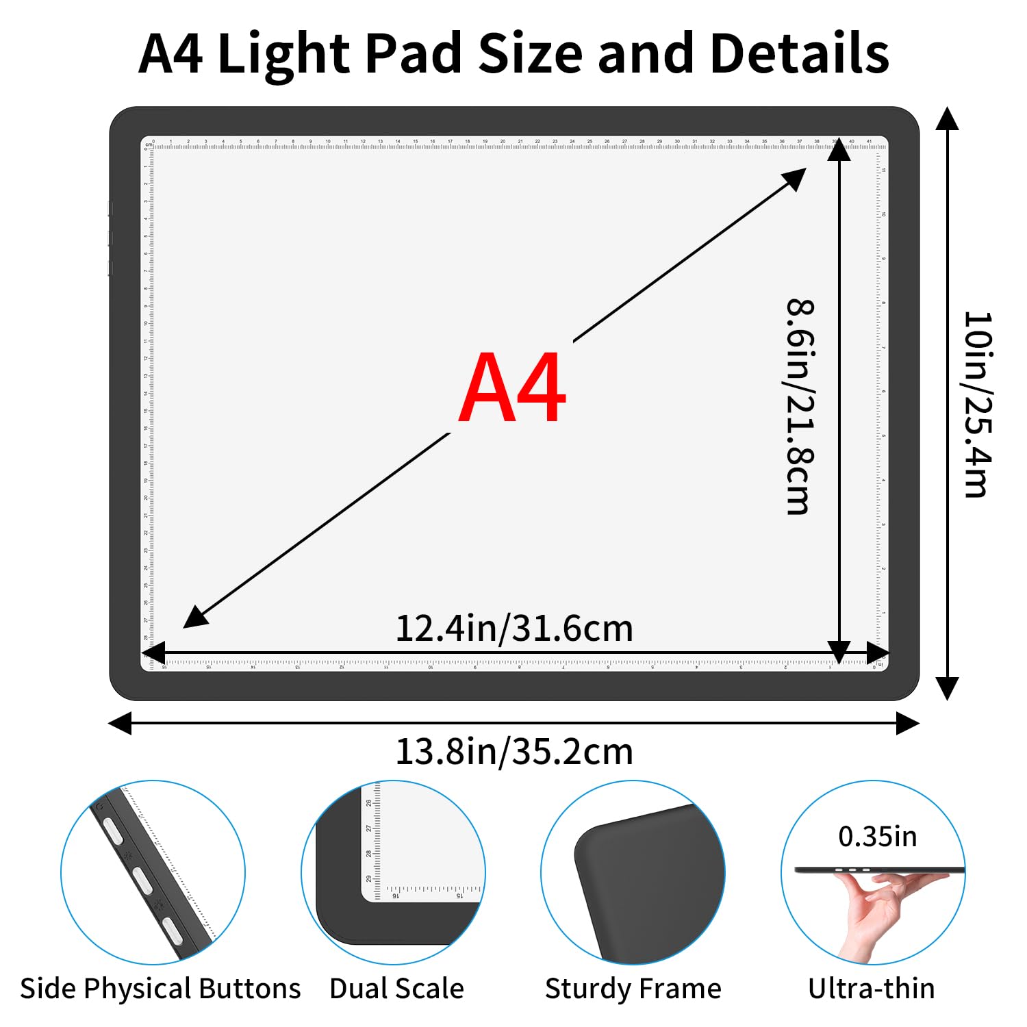 Leuchttisch A4 mit Tasche, 5600 Lux Sehr Hell LED Lightpad mit Seitliche Tasten, Magnetischer Clip, 6 Stufige Dimmung 3 Farbtemperatur Light Pad Lichtpad für Diamond Painting, Zeichnen Skizzieren