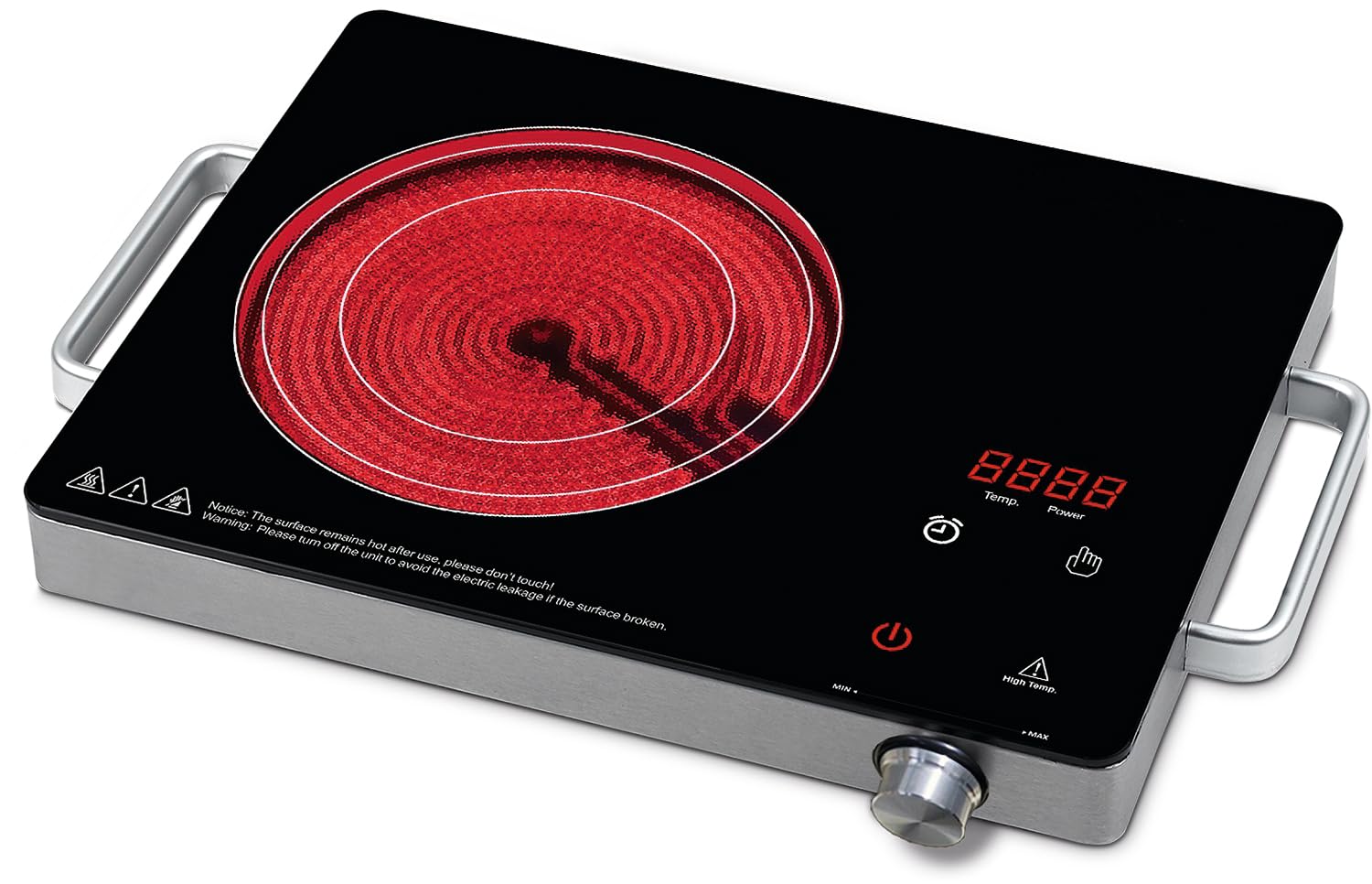 Silver Style – Placa vitrocerámica, 1 luz posable, 2000 W, temporizador, estufa eléctrica de ajuste de 10 posiciones, asas, superficie resistente, simple chimenea infrarroja, acabado inoxidable (Solo)