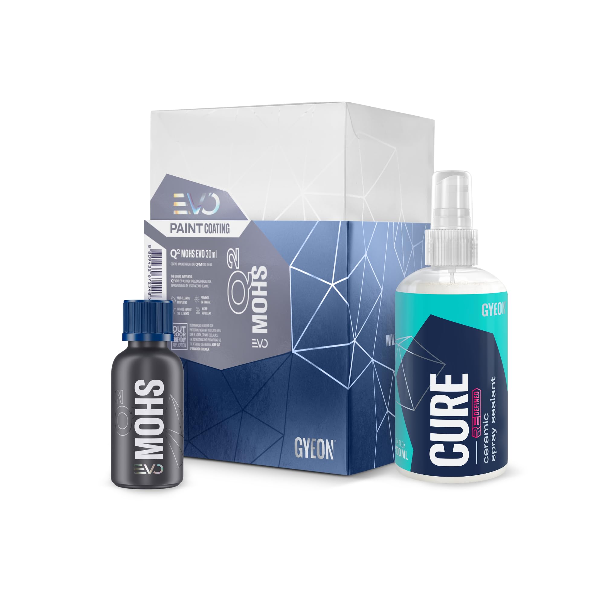 GYEON Q² Mohs EVO + Q²M Cure Detailer - Auto Keramikversiegelung - langanhaltender Tiefenglanz, mit starker hydrophober Beschichtung, bis zu 48 Monate (30 ml + 100 ml)