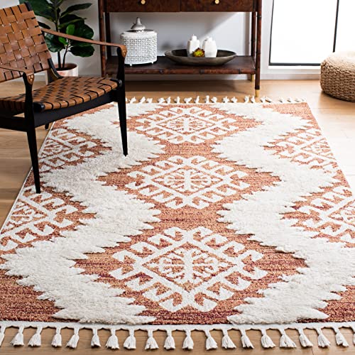 Image of SAFAVIEH Moroccan Tassel Shag Collection Accent Rug - 4' x 6', Orange & Ivory, Boho, Non-Shedding & Easy Care, 2-inch Thick Ideal for High Traffic Areas in Entryway, Living Room, Bedroom (MTS652P)