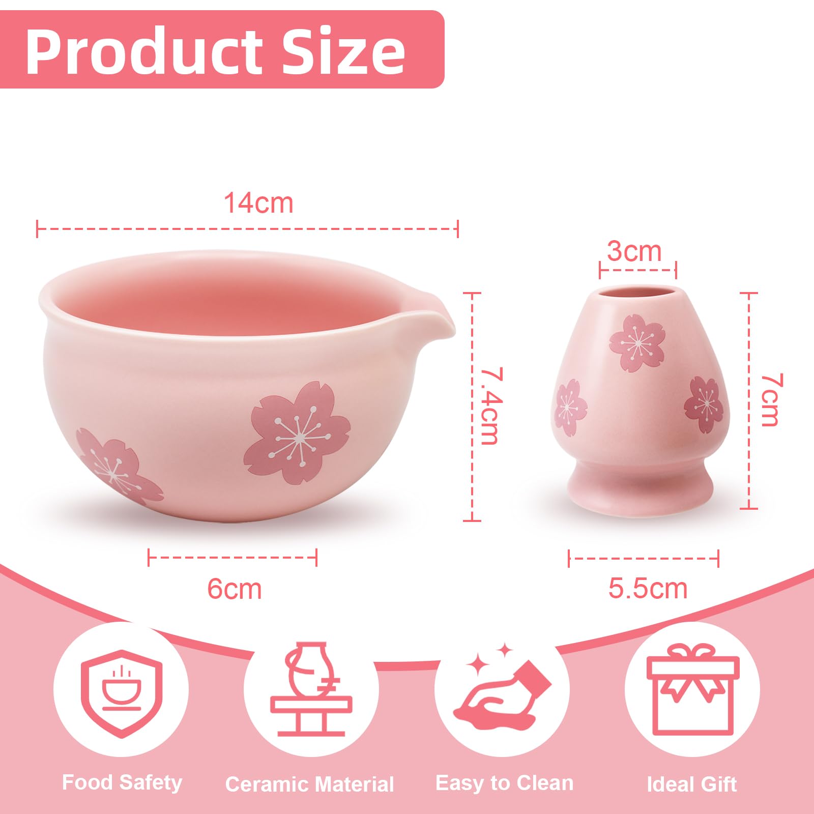 Zestaw 2 szt. herbaty matcha z uchwytem na miotłę matcha, ceramiczna miska do matchy, Chawan z nalewaniem, japońska miska do matchy bez proszku, dla miłośników herbaty Matcha, kolor różowy