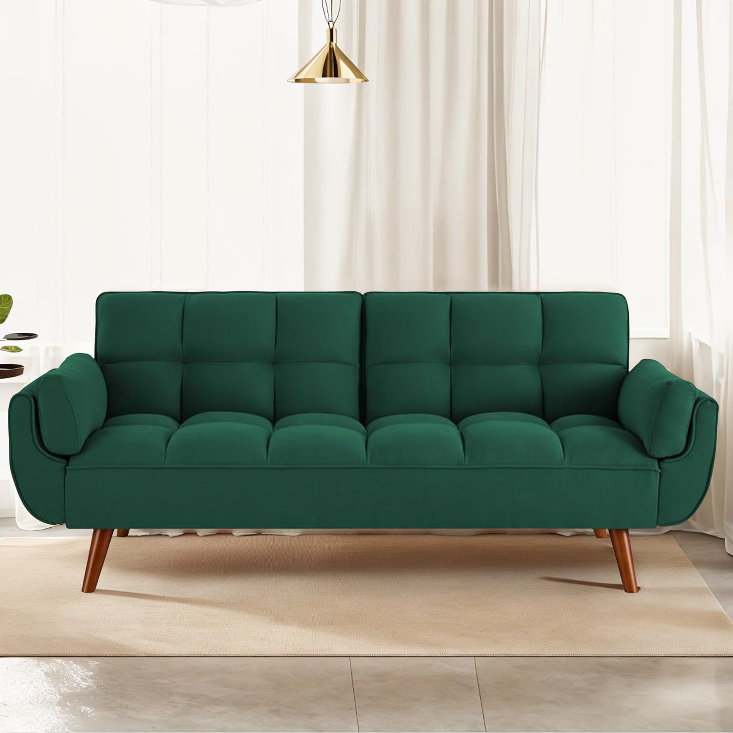 Fangflower Convertible Sofa Bed,  Adjustable Backrest Sleeper Futon Loveseat with Tapered Wood Legs for Living Room, Bedroom, Apartment Lounge, Garage, Green