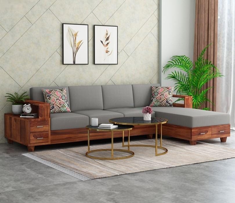 Solid Sheesham Wood 5 Seater L Shape Sofa Set with Storage for Living Room Bedroom Home Office Hotel | 5 Seater Sofa Set with Cushions (Honey)