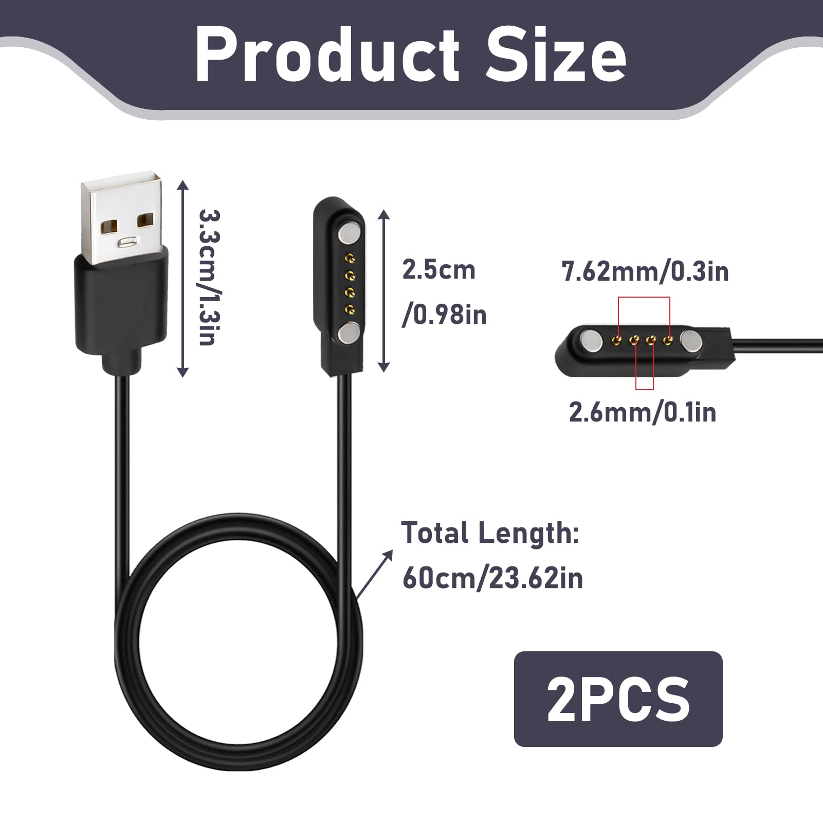 Universele oplaadkabel voor smartwatch, 7,62 mm, 4-polig, compatibel met verschillende smartwatch-modellen, ideaal voor apparaten met een pinafstand van 7,5 mm tot