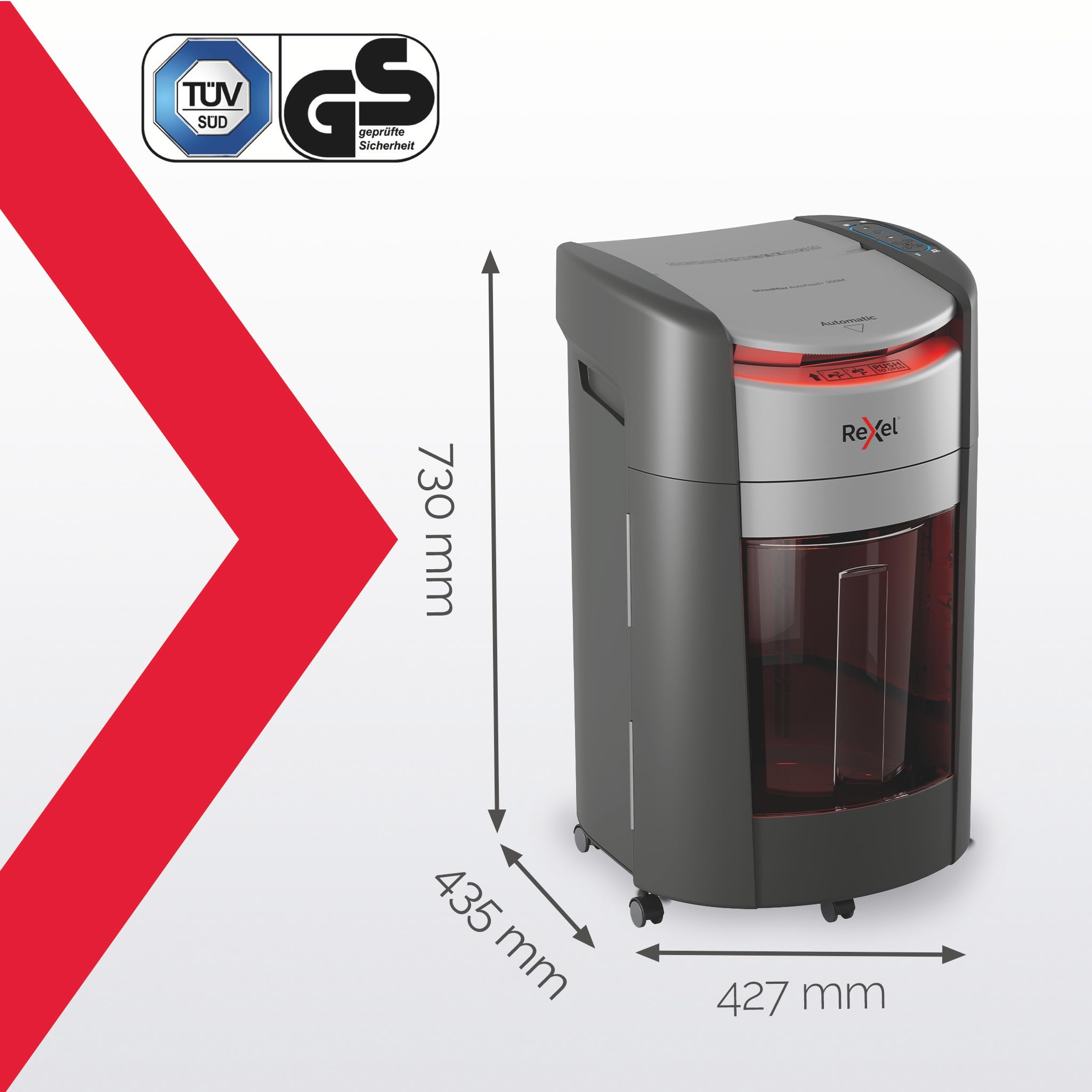 Rexel ShredMax AutoFeed+ 300M niszczarka mikrościnek P5, 300 kartek | Biuro i praca w domu, ochrona RODO, Bin Rotation, <55 dBA, 60 min pracy ciągłej, pojemnik 25 l, kółka, A4