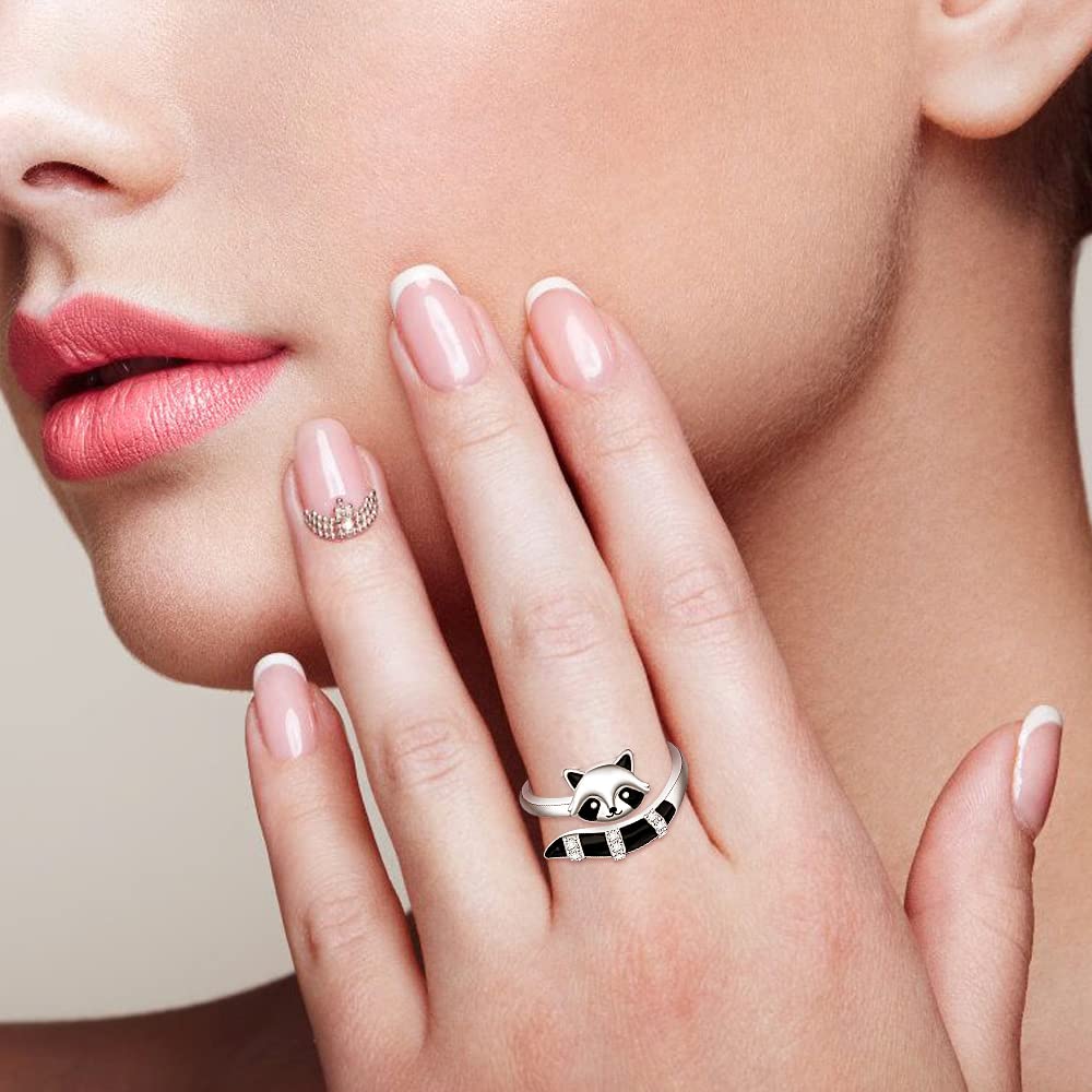 Anillos de mapache ajustables para mujeres, adolescentes, niñas, de plata de ley, lindos y divertidos anillos abiertos de animales, regalos de joyería para amantes del mapache, talla 8